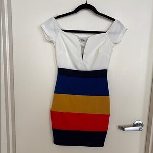 Fashion Nova White and Blue Off-Shoulder Bodycon Mini Dress